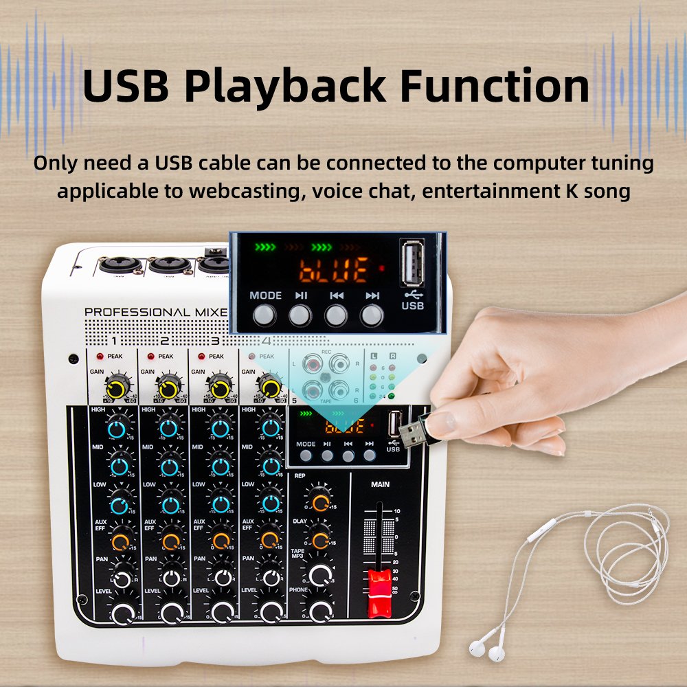Professional 4 Channel Mini Sound Card Audio Mixer, Karaoke Home Stage DJ Controller/Audio Console Mixer, +48V, USB, Bluetooth