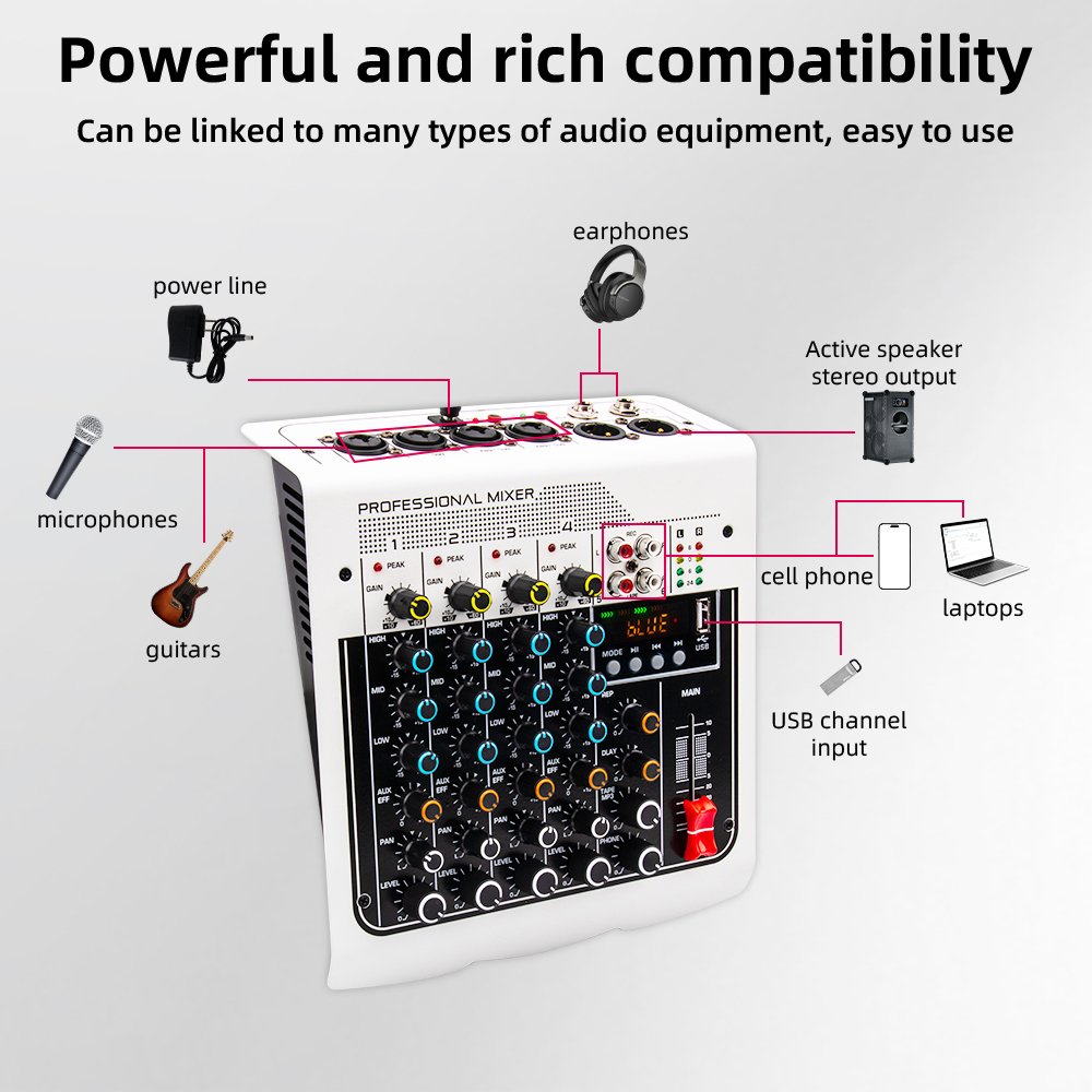 Professional 4 Channel Mini Sound Card Audio Mixer, Karaoke Home Stage DJ Controller/Audio Console Mixer, +48V, USB, Bluetooth