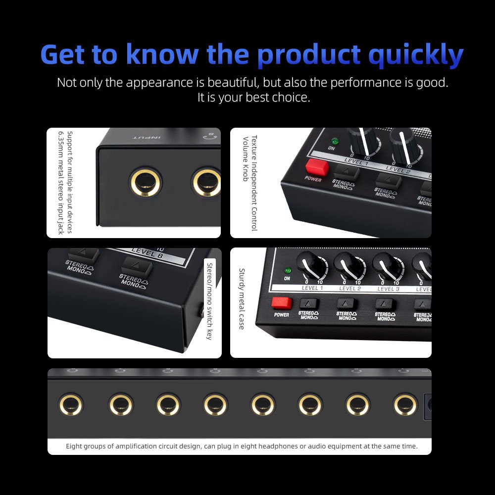 HA800S MICROAMP, 8-channel headphone amplifier, each channel with independent sound switch volume adjustment
