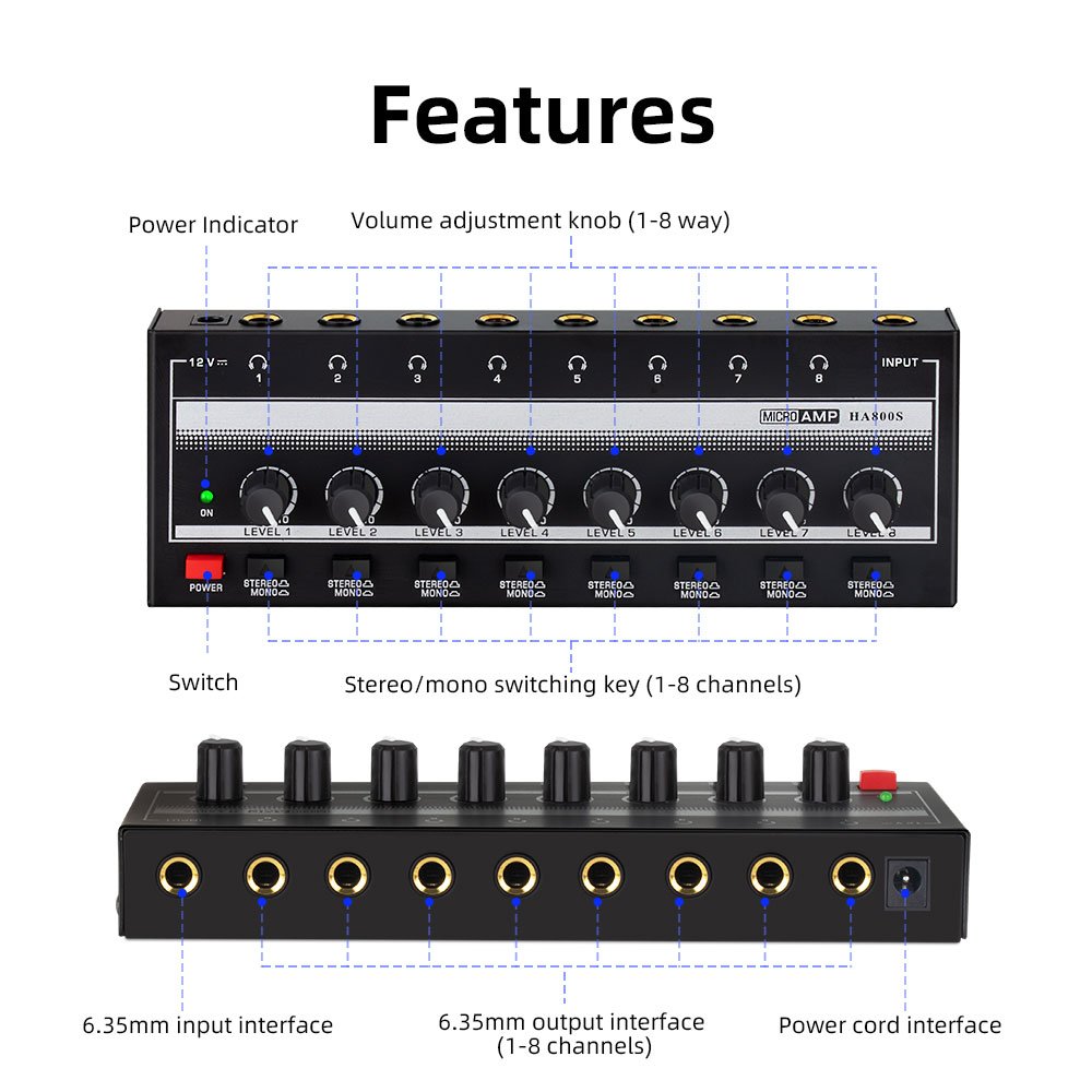 HA800S MICROAMP, 8-channel headphone amplifier, each channel with independent sound switch volume adjustment
