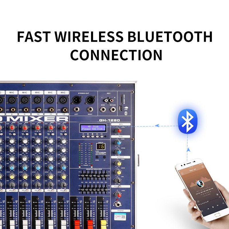 MIC-GH1280 12 Channel 2800W*2 Powered Professional Mixing Console Audio Device Suitable 99DSP+USB For cenes Stage DJ airline box