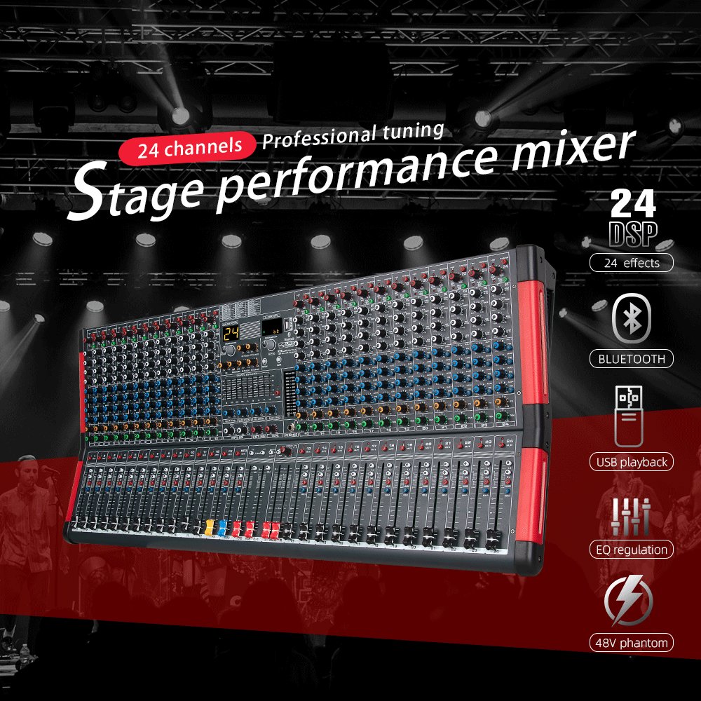 Professional Stage DJ Mixing Console 24DSP Effect Bluetooth Reverb Monitor Recording Sound Card 24 Channel USB Audio Mixer