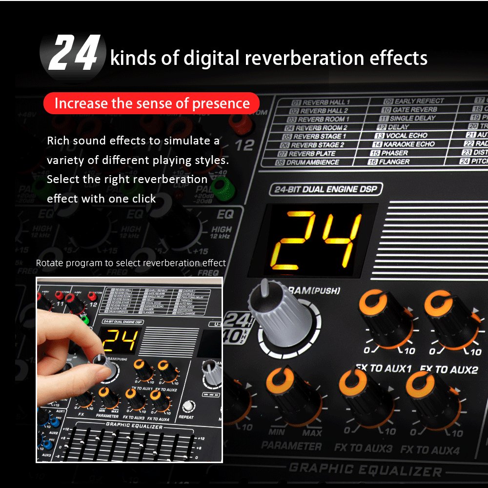 Professional Stage DJ Mixing Console 24DSP Effect Bluetooth Reverb Monitor Recording Sound Card 24 Channel USB Audio Mixer