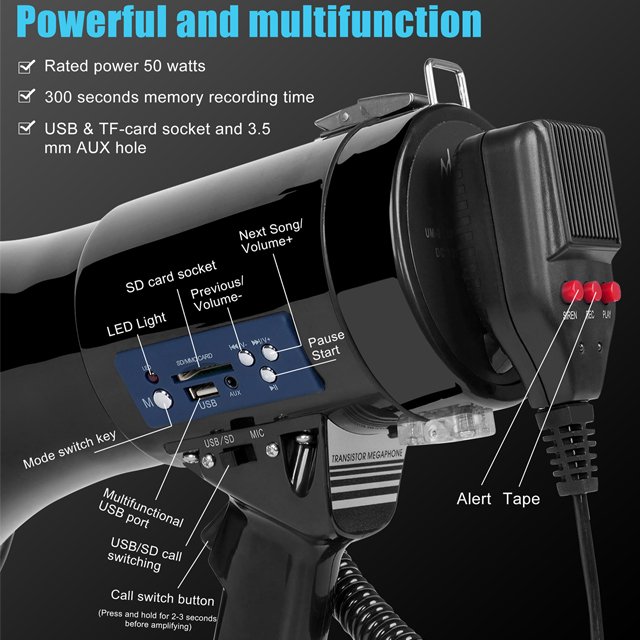50 Watts hand held megaphone speaker bull horn detachable microphone talk and siren alarm with record USB/SD card socket
