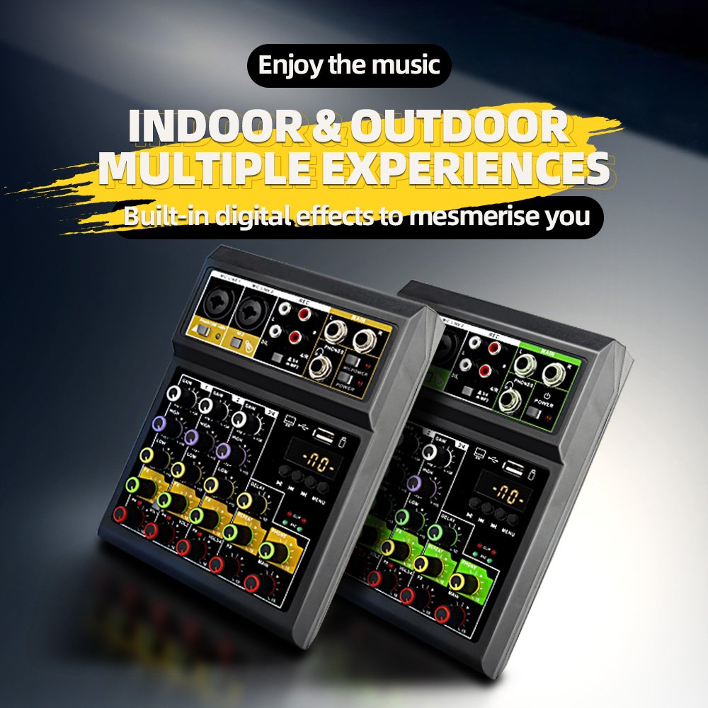 Studio Audio Sound Card Mixer With Dual Wireless Microphone Recording Desktop Sound Mixer 4 Channel DJ Mixer