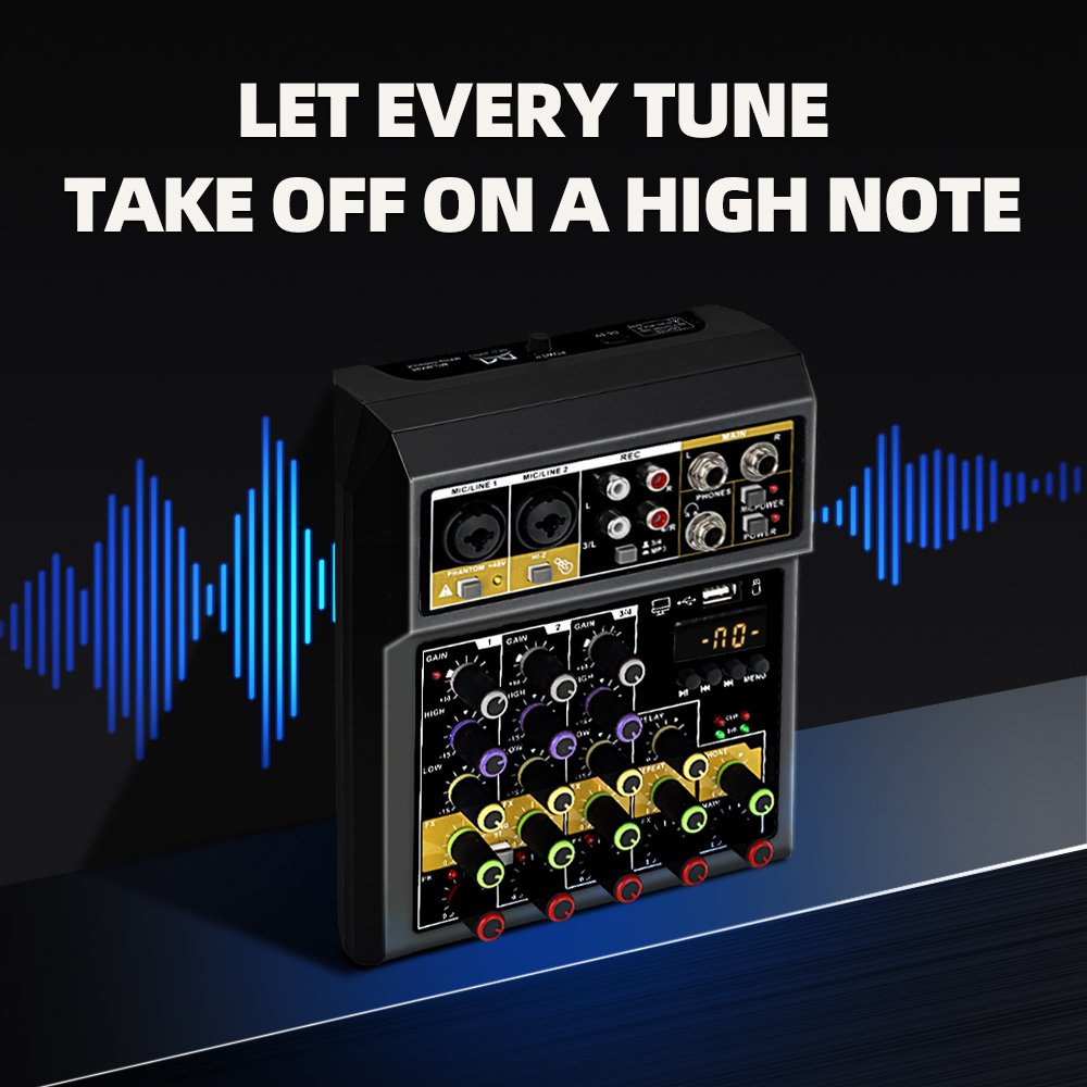 Studio Audio Sound Card Mixer With Dual Wireless Microphone Recording Desktop Sound Mixer 4 Channel DJ Mixer
