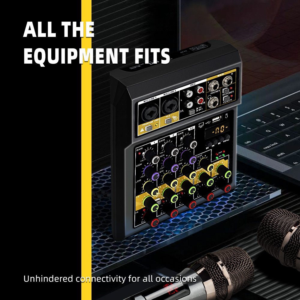 Studio Audio Sound Card Mixer With Dual Wireless Microphone Recording Desktop Sound Mixer 4 Channel DJ Mixer
