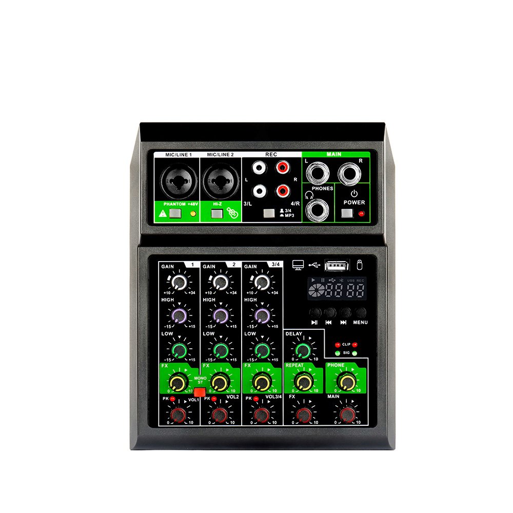 Studio Audio Sound Card Mixer With Dual Wireless Microphone Recording Desktop Sound Mixer 4 Channel DJ Mixer