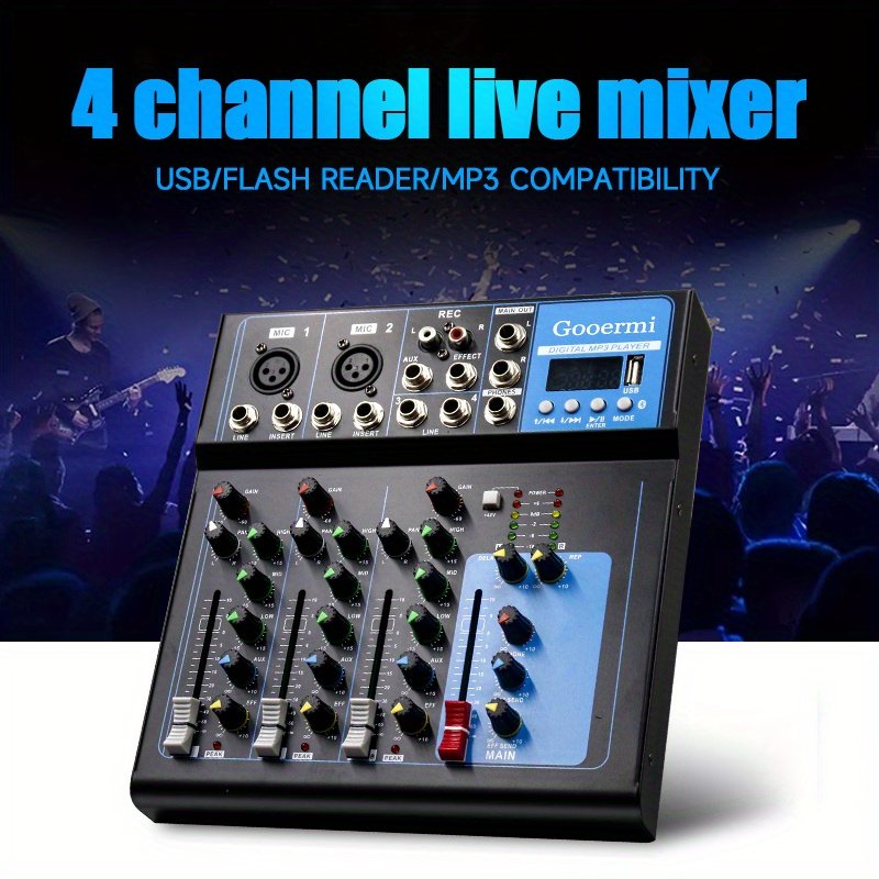 Gooermi F4 High Quality 4 Channel Live Studio Stereo Audio blue tooth Mixer Live Mixer For Live Streaming,Recording Equipment