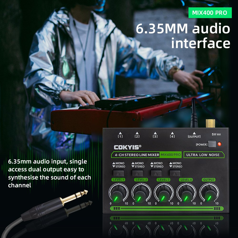 MIX400-PRO 4 Channel Stereo Line Mixer with RGB Light for Home Studio KTV Live Audio Sound Card Recording Receiver Amplifier