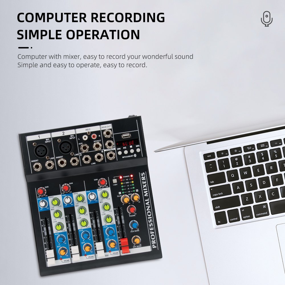 Professional 4 Channel DJ Mixer For Microphone Reverb Function, 48V Phantom Power USB Interface Audio Sound Card mixer