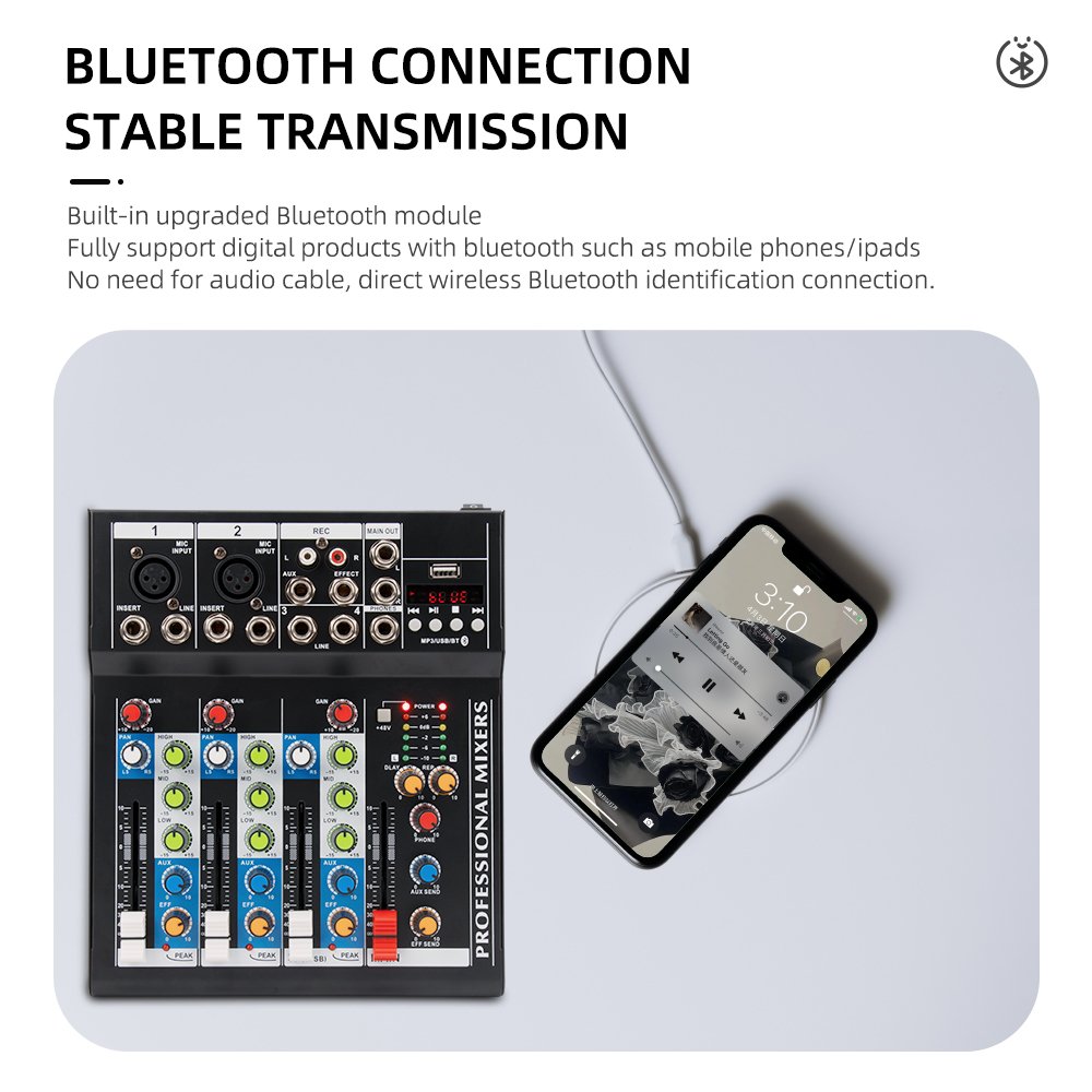 Professional 4 Channel DJ Mixer For Microphone Reverb Function, 48V Phantom Power USB Interface Audio Sound Card mixer