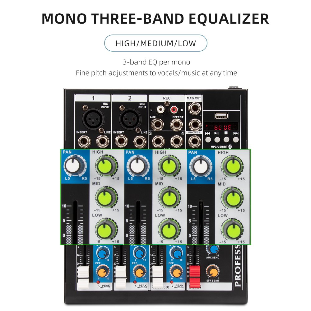 Professional 4 Channel DJ Mixer For Microphone Reverb Function, 48V Phantom Power USB Interface Audio Sound Card mixer