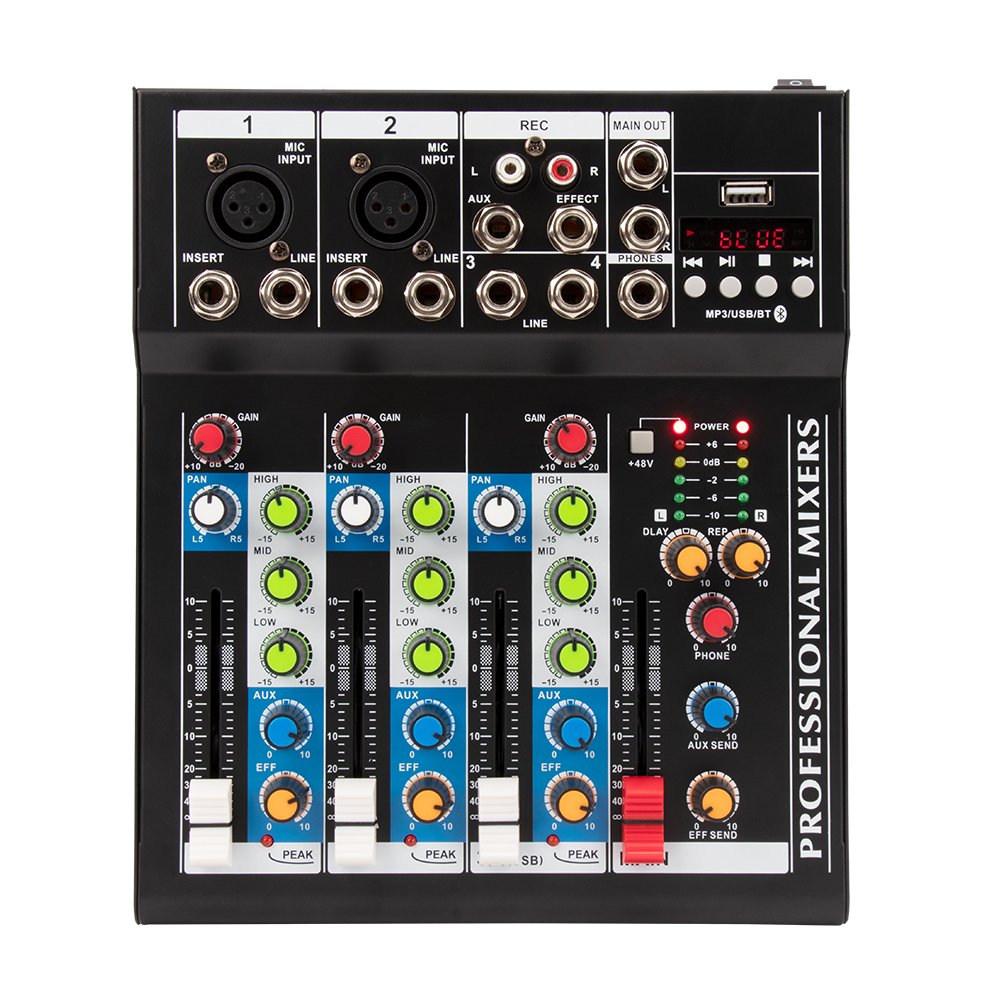 Professional 4 Channel DJ Mixer For Microphone Reverb Function, 48V Phantom Power USB Interface Audio Sound Card mixer