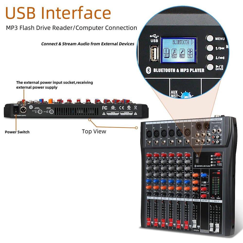 CT-60X Professional 6 Channel 48V USB Bluetooth Microphone Sound System Mixing Console Portable Audio Sound Card & Mixer