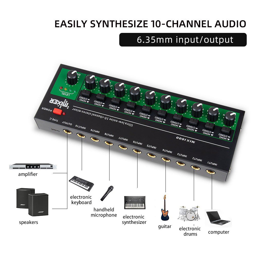 Professional Recording Studio Audio Console Mixer 10 Channel Sound Mixer with Stereo Mono Switching USB Mini Sound Card Mixer