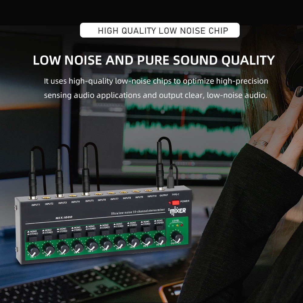 Professional Recording Studio Audio Console Mixer 10 Channel Sound Mixer with Stereo Mono Switching USB Mini Sound Card Mixer