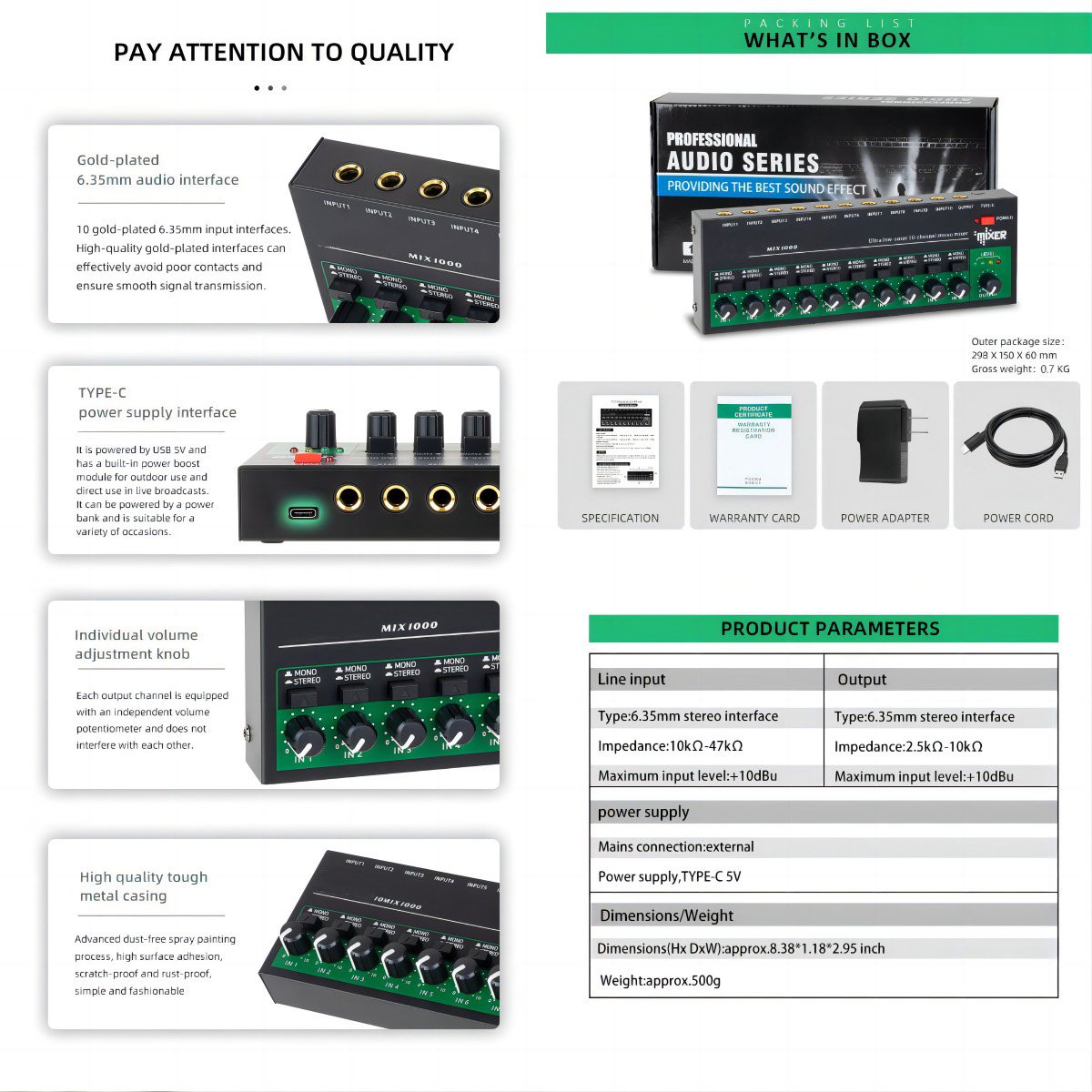 Professional Recording Studio Audio Console Mixer 10 Channel Sound Mixer with Stereo Mono Switching USB Mini Sound Card Mixer