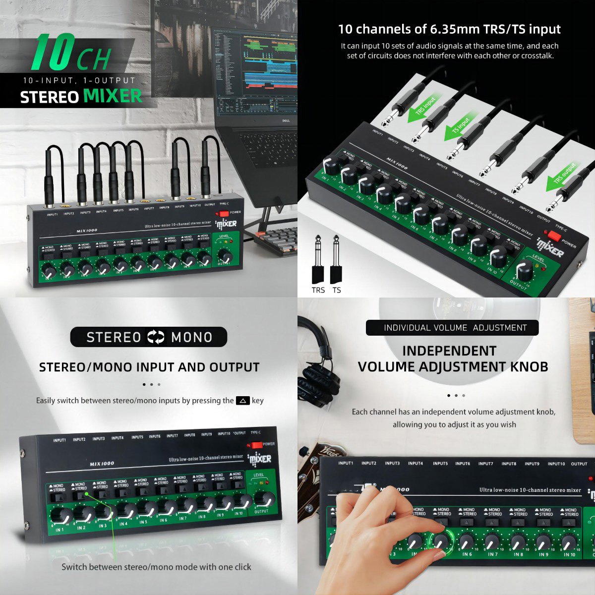 Professional Recording Studio Audio Console Mixer 10 Channel Sound Mixer with Stereo Mono Switching USB Mini Sound Card Mixer