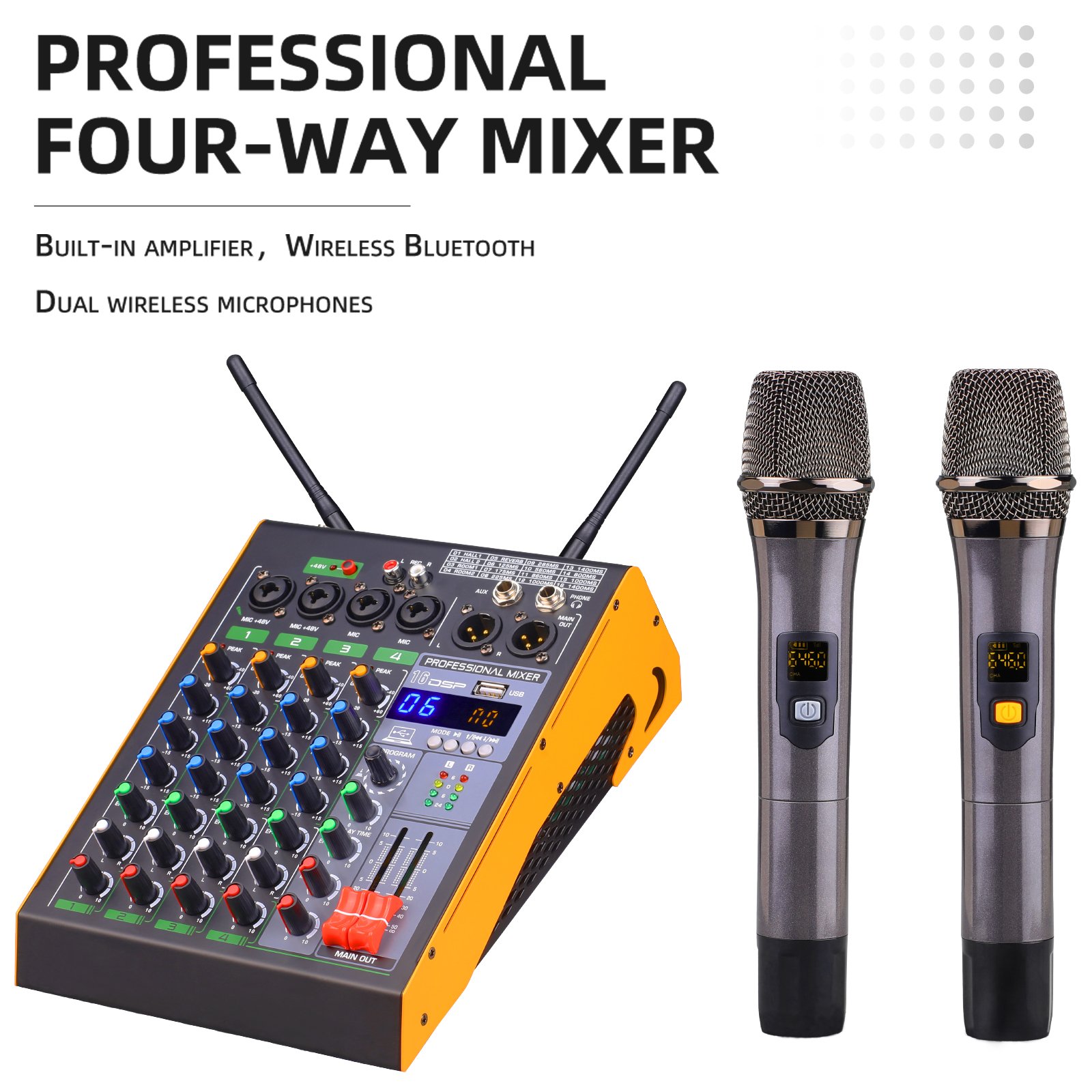 Desktop audio sound card mixer usb bt reverb recording studio 4 channel dj amplifier mixers with dual wireless microphone