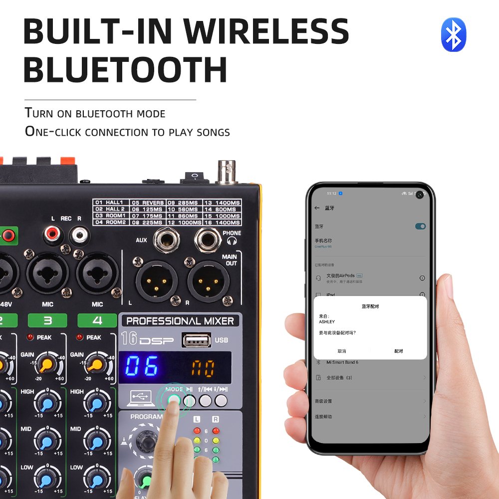 Desktop audio sound card mixer usb bt reverb recording studio 4 channel dj amplifier mixers with dual wireless microphone