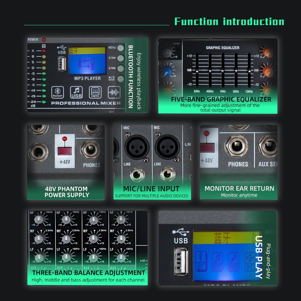 Professional DJ Controller/Audio Console Mixer with Bluetooth Monitor Recording MP3 Playback, Karaoke Live Outdoor Stage Mixer