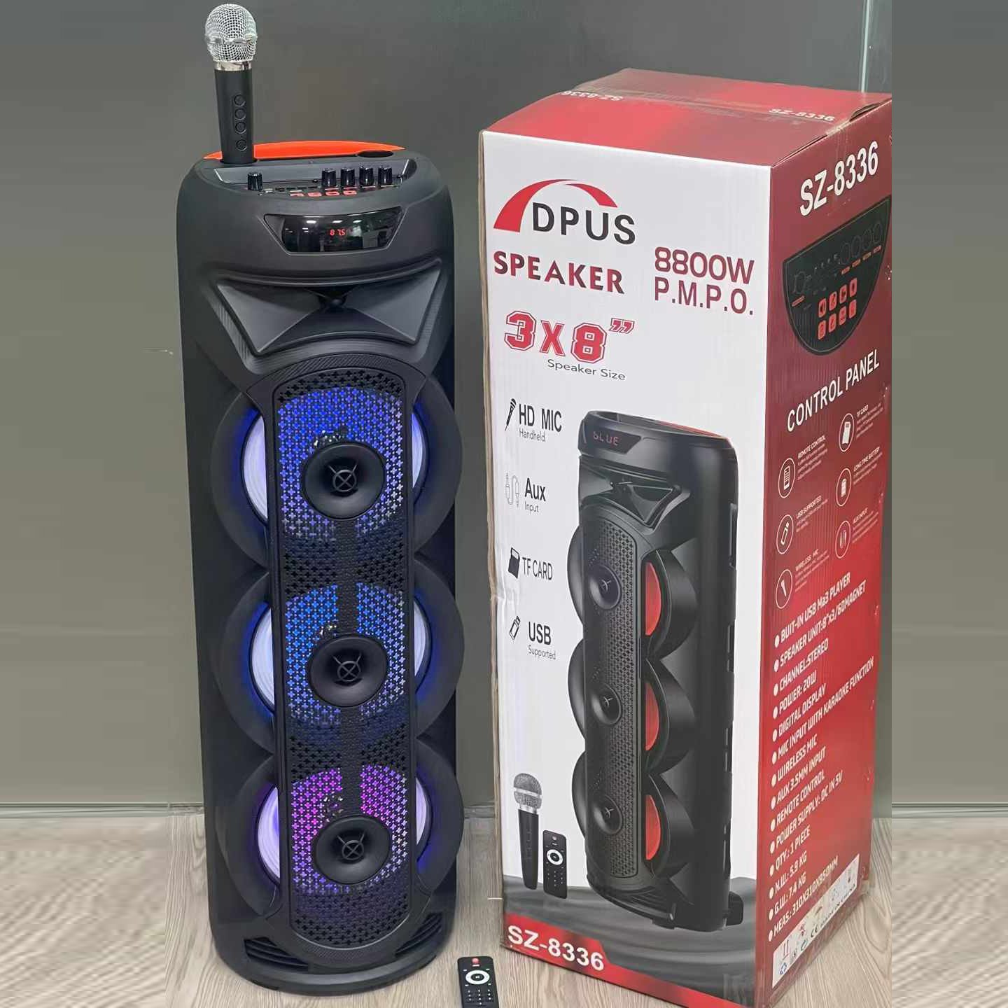 8 inch Supper Bass Wireless Blue-tooth Karaoke Speakers With Mic HIFI Stereo Woofer LED Colorful Light Tower Party Speakers