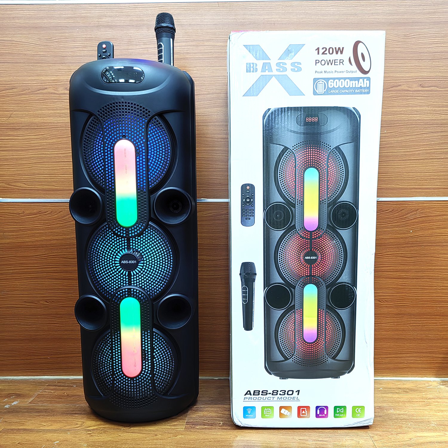 Three 8 inch Super bass wireless karaoke BT Speakers FM radio/AUX Portable RGB Light subwoofer active Outdoor DJ Party speaker