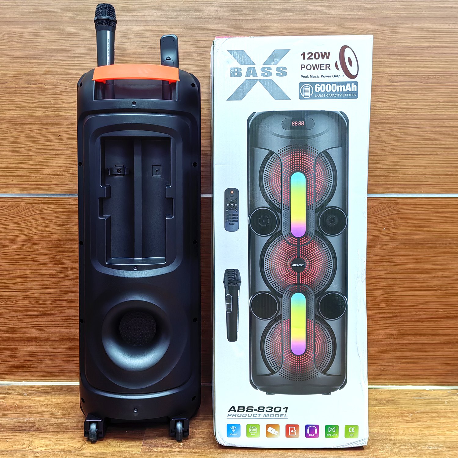 Three 8 inch Super bass wireless karaoke BT Speakers FM radio/AUX Portable RGB Light subwoofer active Outdoor DJ Party speaker