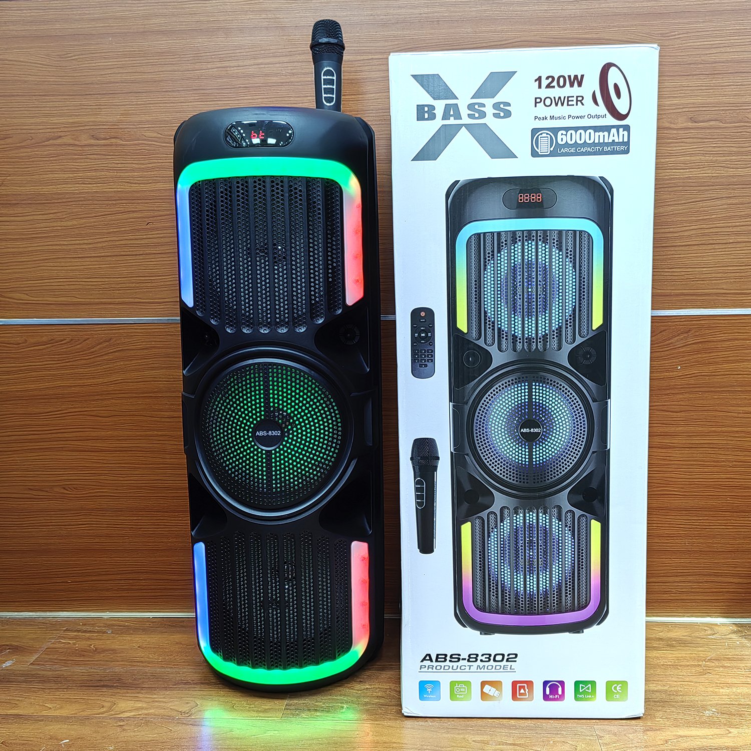 Three 8 inch Super bass wireless karaoke BT Speakers FM radio/AUX Portable RGB Light subwoofer active Outdoor DJ Party speaker
