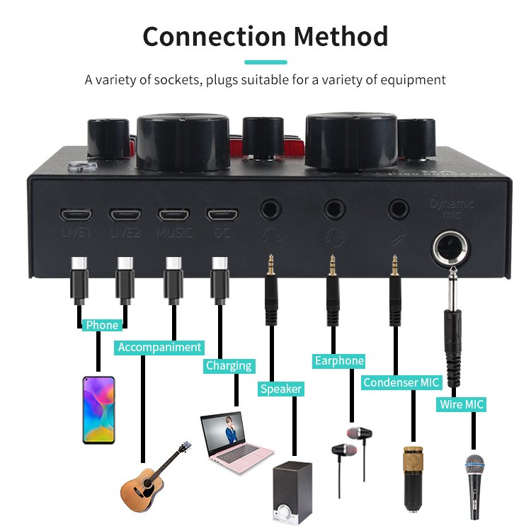 Podcast Equipment Bluetooth Wireless Audio Sound Cards & Mixers with Multiple Effect for Android Mobile Phones,iPhone,PC Speaker