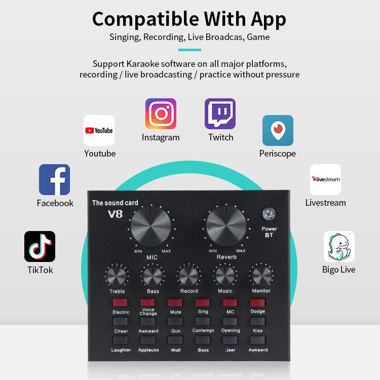 Podcast Equipment Bluetooth Wireless Audio Sound Cards & Mixers with Multiple Effect for Android Mobile Phones,iPhone,PC Speaker