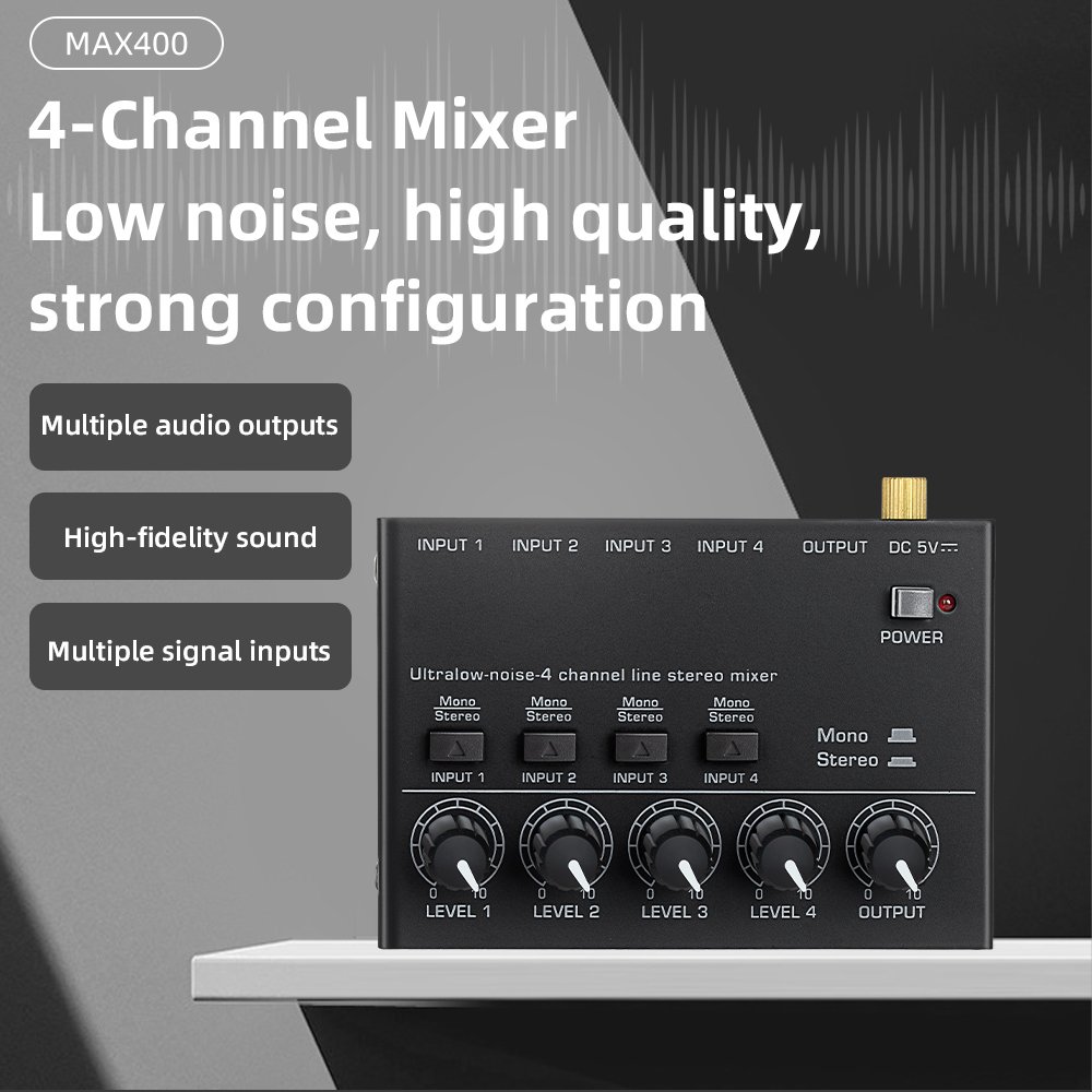 MAX400 Professional 4 Channel Stereo Line Mixer Mini Karaoke Live Audio Sound Card Recording Receiver Amplifier for Home Studio