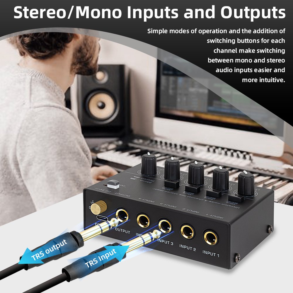 MAX400 Professional 4 Channel Stereo Line Mixer Mini Karaoke Live Audio Sound Card Recording Receiver Amplifier for Home Studio