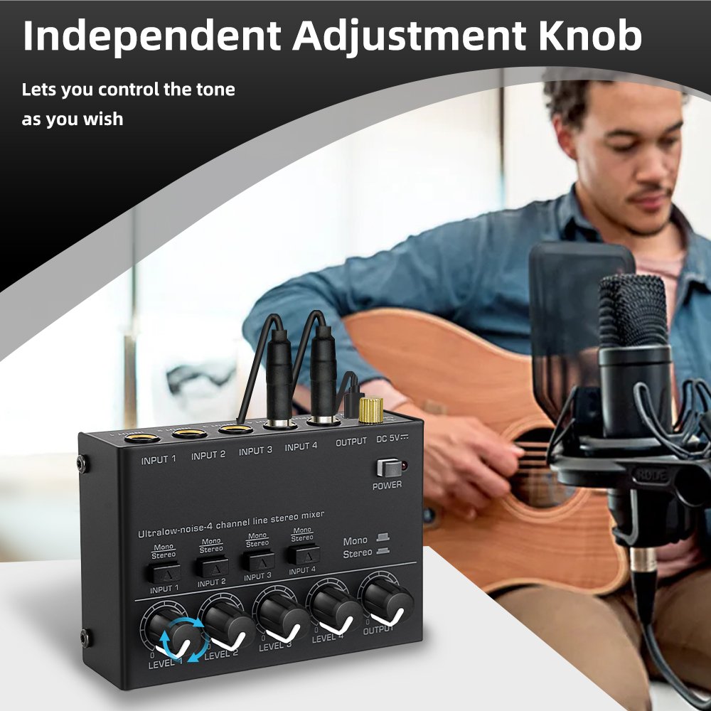 MAX400 Professional 4 Channel Stereo Line Mixer Mini Karaoke Live Audio Sound Card Recording Receiver Amplifier for Home Studio