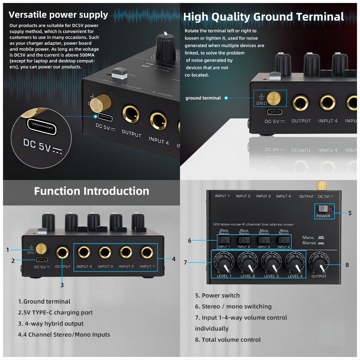 MAX400 Professional 4 Channel Stereo Line Mixer Mini Karaoke Live Audio Sound Card Recording Receiver Amplifier for Home Studio
