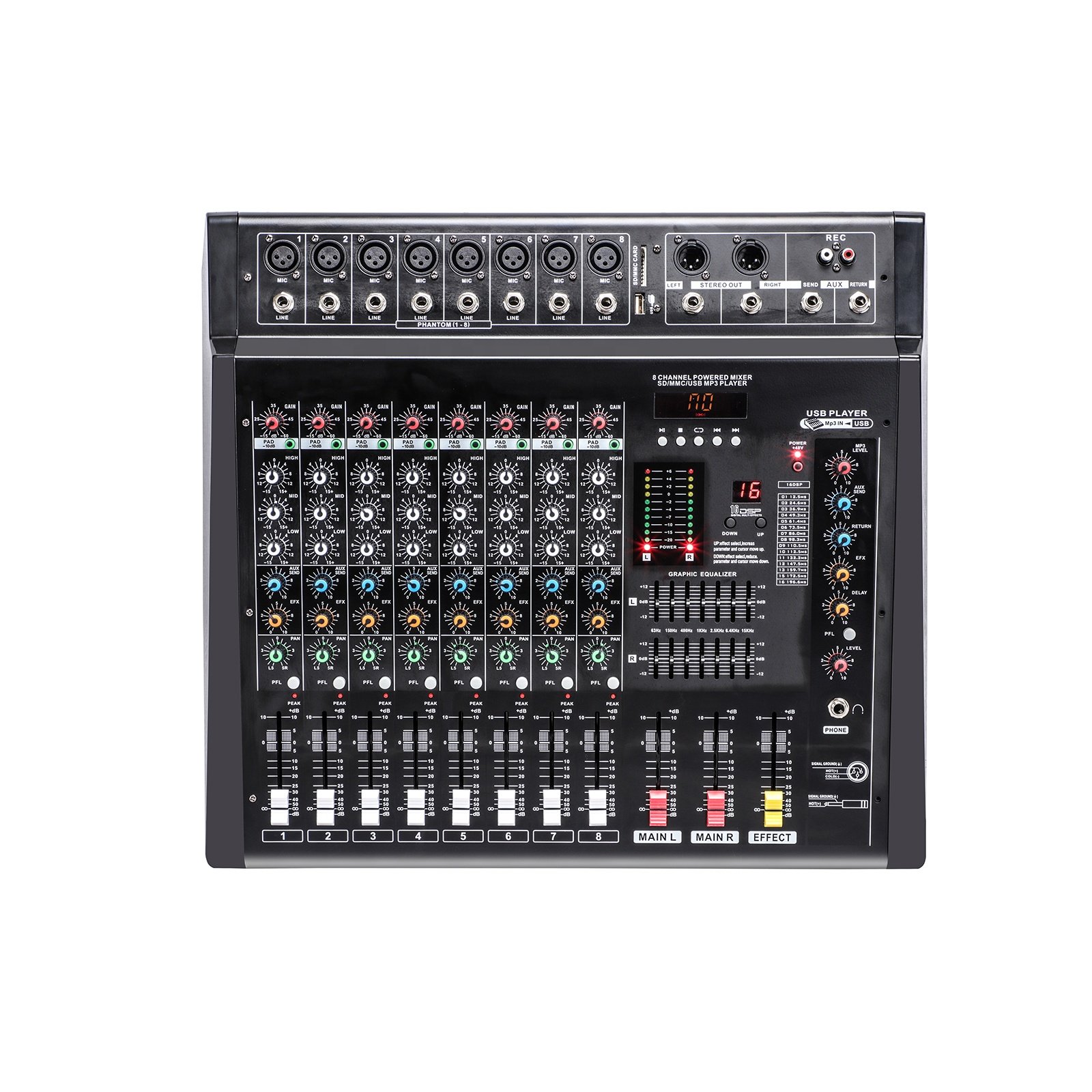 DMX99 Series 8/12/16 Channel Three-Fans BT Powered Mixer 16/99DSP+2EQ 2CH*350W with 48V phantom power/MP3 Audio Sound Equipment