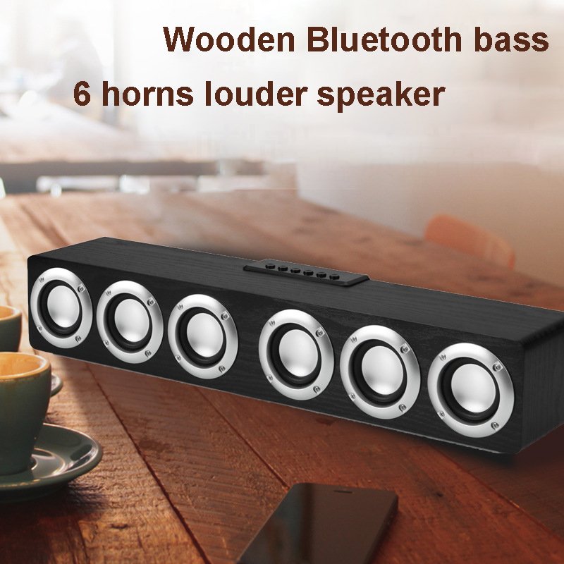 Hifi Built In Microphone 12W 6 horns amplifier Blue-tooth 5.0 Wooden Computer Wireless Speaker