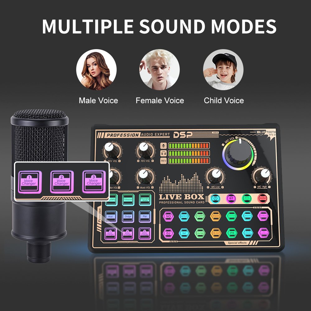 Huayi Voice V9 Sound Card with Microphone for Live Singing Podcast Gaming with Noise canceling, multiple sound effects
