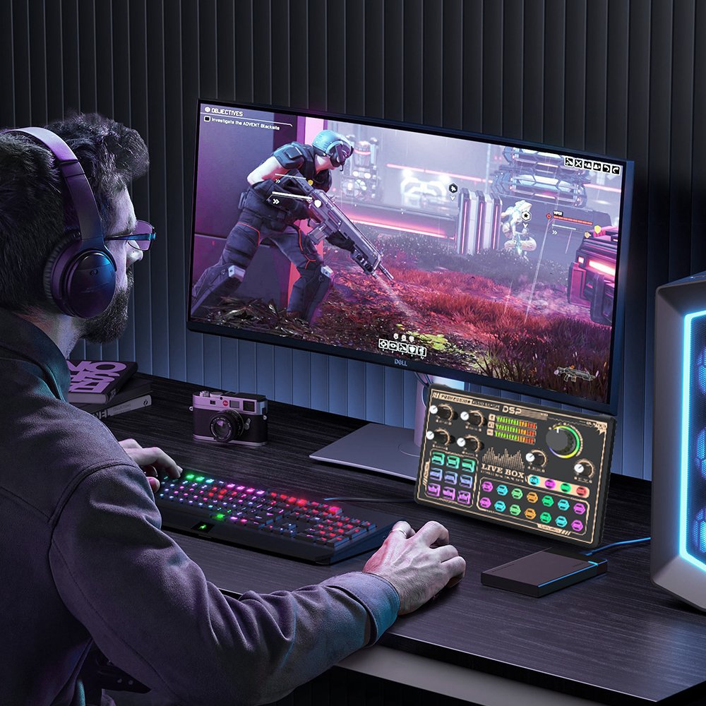 Huayi Voice V9 Sound Card with Microphone for Live Singing Podcast Gaming with Noise canceling, multiple sound effects