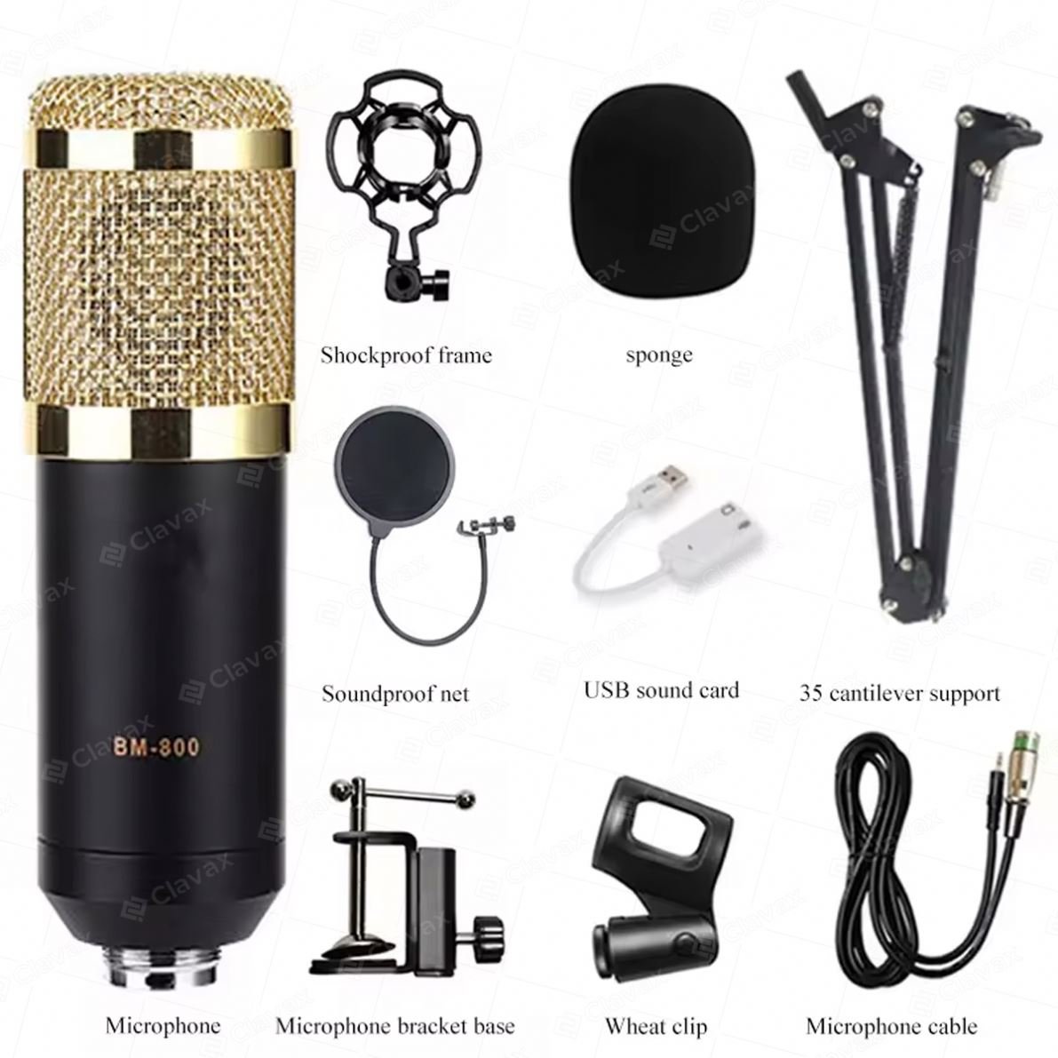 Clavax CLCM-BM800 Hot Sale Condenser Microphone V8 Sound Card Set With Suspension Bracket For Podcast Live Streaming