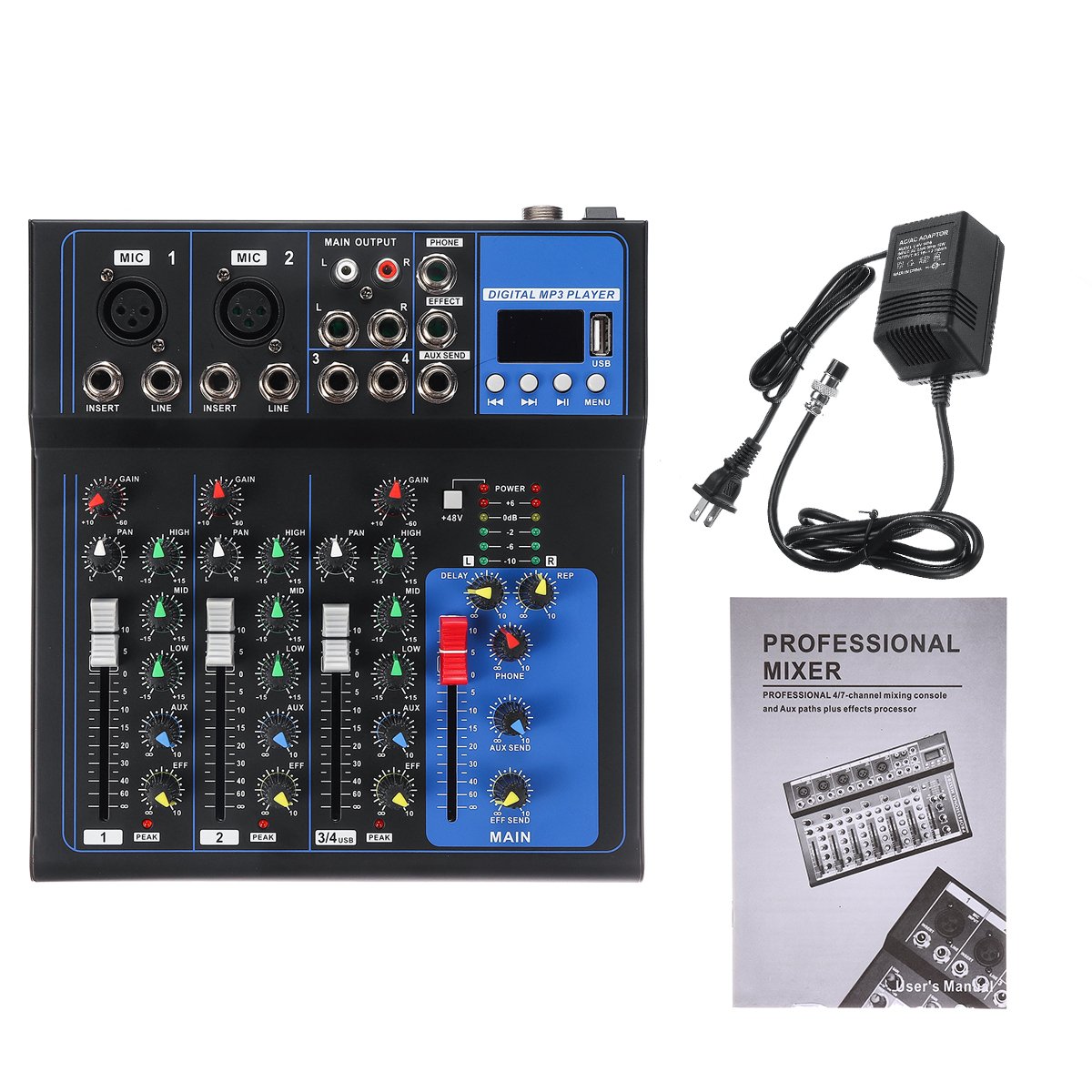 Cheap studio live audio mixer, stereo mixer de som, console with USB interface, small home karaoke stage, 4 channels