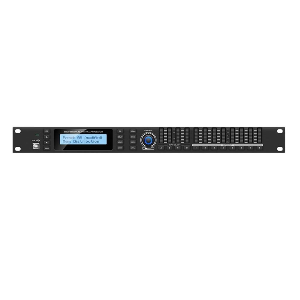 Professional dsp 24bit 4 by 8 digital audio processor system 4 in 8 out limiter crossover dynamic audio sound equipment