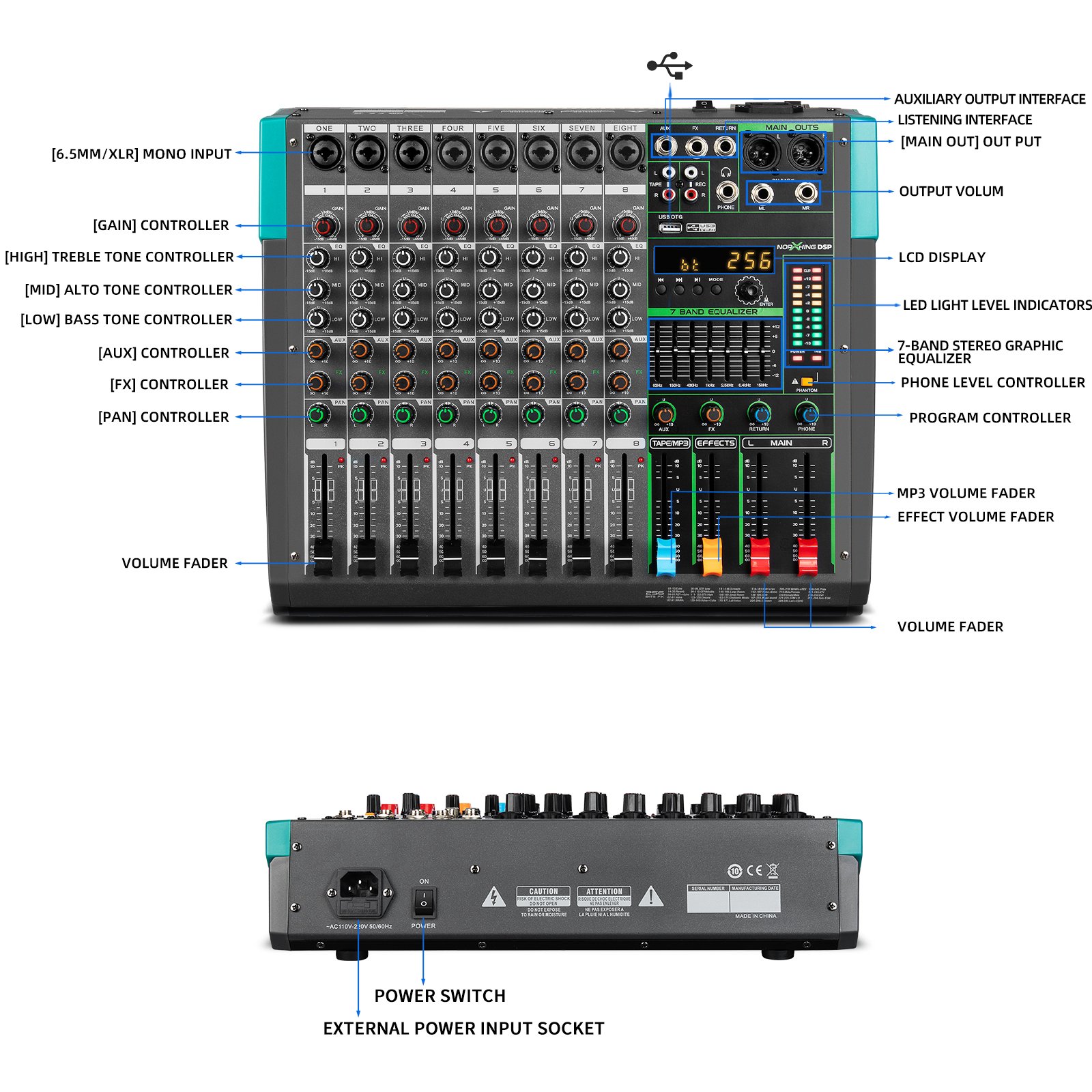Biner MG8 USB Connection Built-in 256 Reverb Effect 8 Channels Digital Professional Audio Mixer Console
