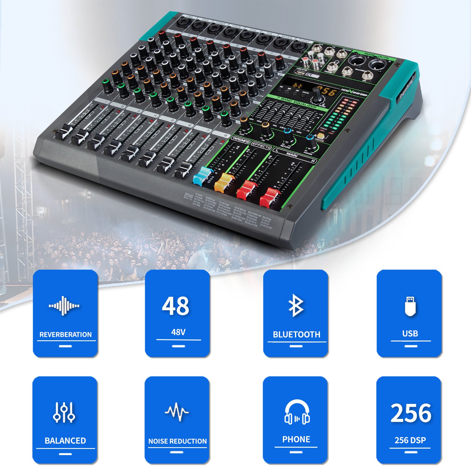 Biner MG8 USB Connection Built-in 256 Reverb Effect 8 Channels Digital Professional Audio Mixer Console