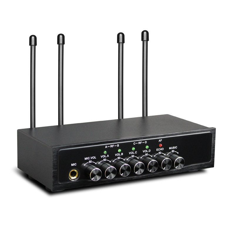 4 Channel UHF Professional Karaoke Wireless Headset Treble Bass Echo Wireless Microphone System Collar Microphone System