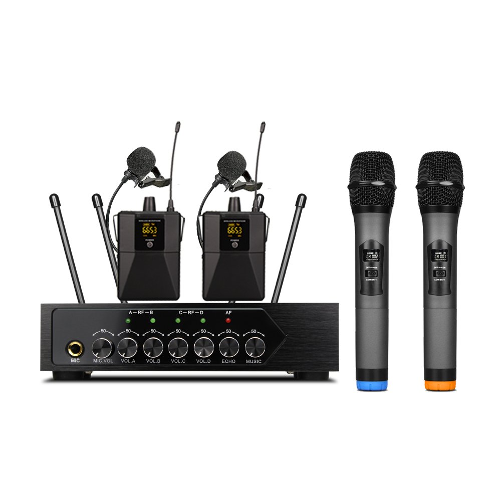 4 Channel UHF Professional Karaoke Wireless Headset Treble Bass Echo Wireless Microphone System Collar Microphone System