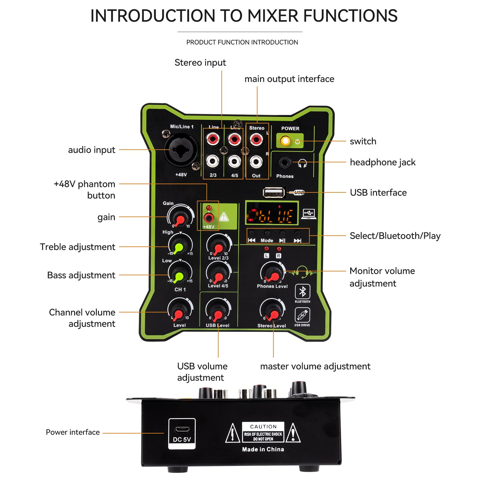 Multifunctional Small Audio Mixer DJ Mixing Console, 5 Channels, Bluetooth Compatible, USB, Computer Play Recording