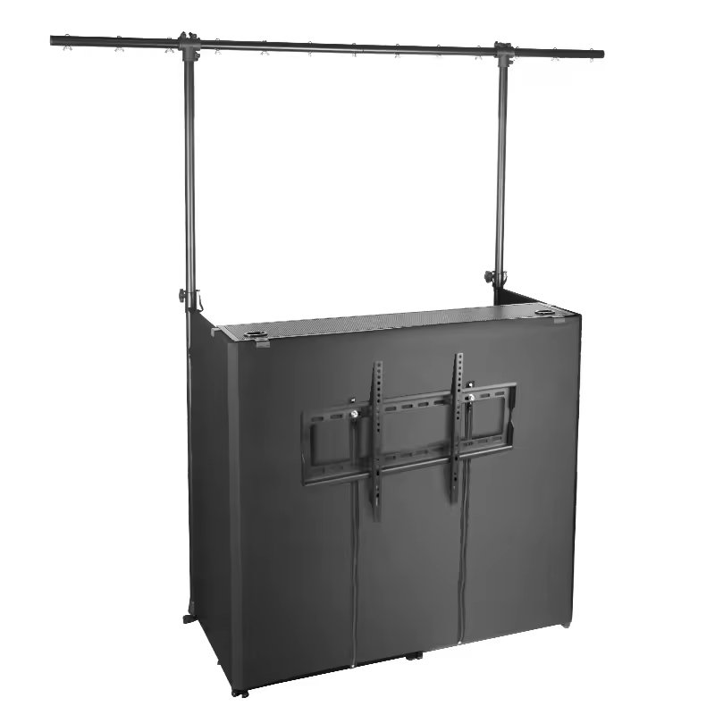 DJ Booth Portable equipped with Event Facade White/Black Scrim Curtain, Metal Frame, TV Stand, and Lighting Stand