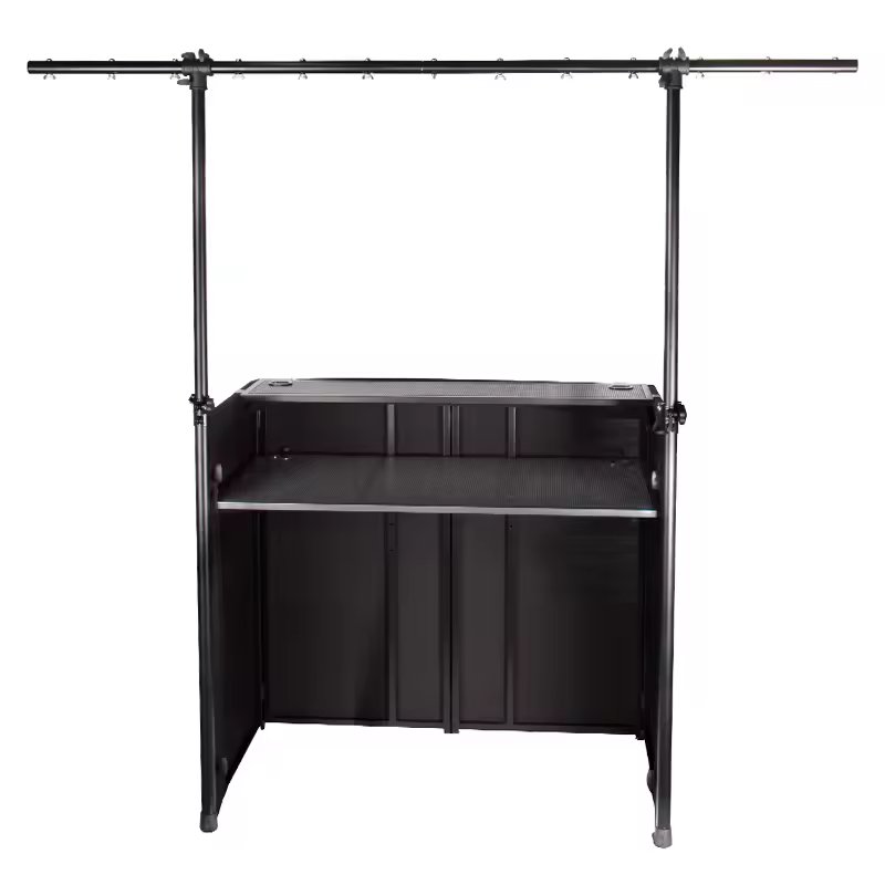 DJ Booth Portable equipped with Event Facade White/Black Scrim Curtain, Metal Frame, TV Stand, and Lighting Stand